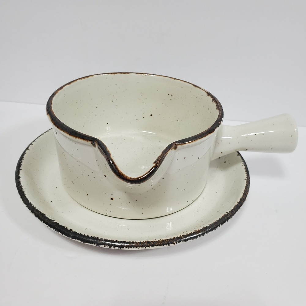 Midwinter Stonehenge Gravy Boat Cup & Saucer Set of 2 Cream Speckled Brown Trim